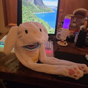 HELLO KITTY / BUNNY RGB Animated Plush Bunny Ear Hat - White Pink Paw Accent